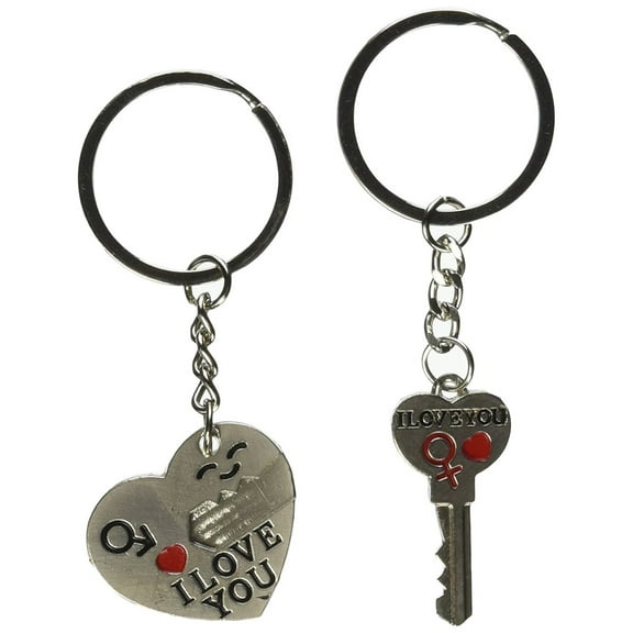 Set of 2 Silver Metal Keychain- Heart and Key