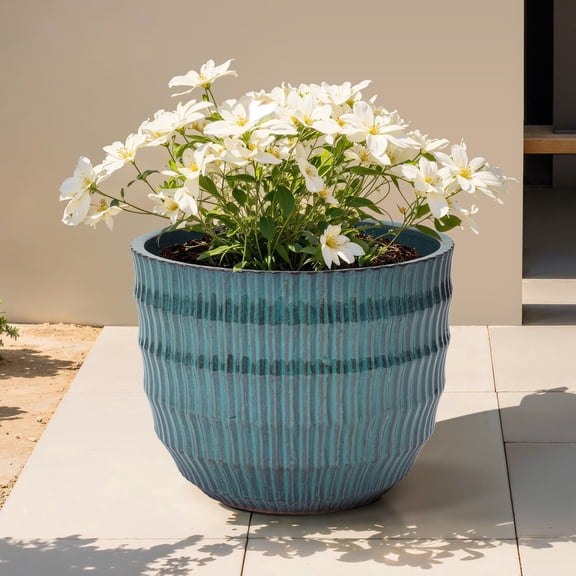LuxenHome 14" Dia Coastal Blue Ceramic Plant Pot, Decorative Round Planter with Drainage Hole
