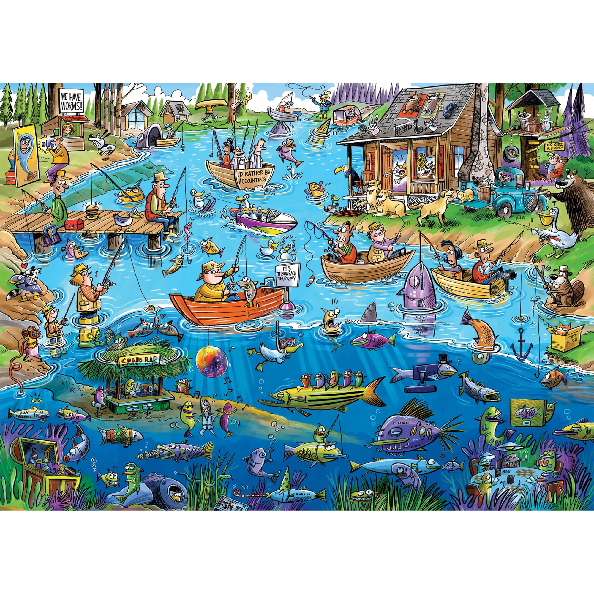 Cobble Hill DoodleTown: Gone Fishing - 1000 Piece Puzzle - Reference Poster Included, High Quality Jigsaw