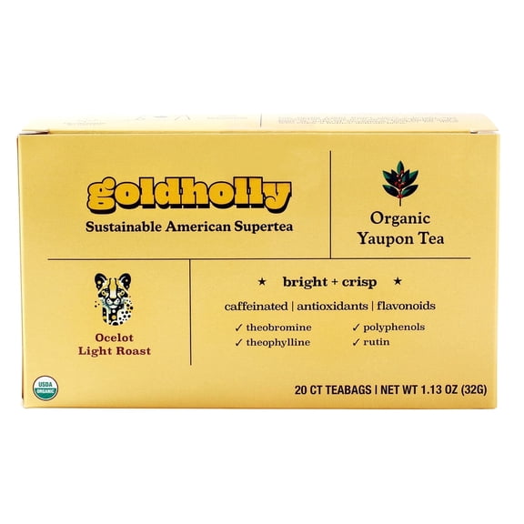 Goldholly Organic Yaupon Tea Bags - Ocelot Light Roast, 20 Count | American Organic Tea