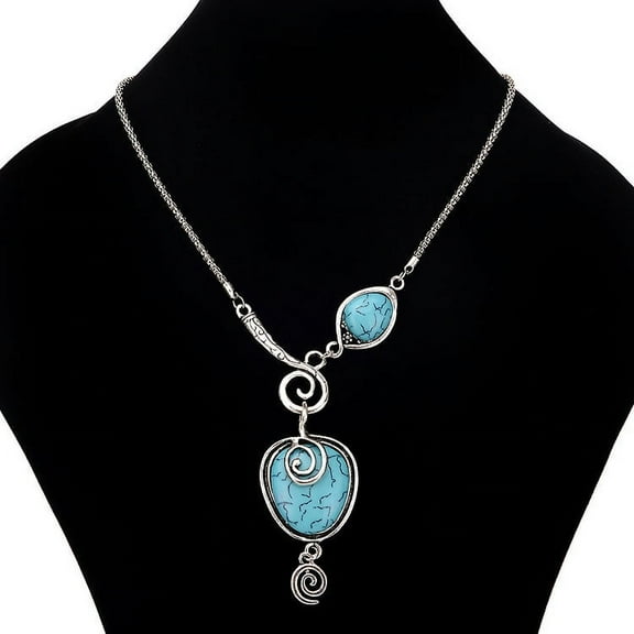 Visland Women Heart Shape Necklace, Turquoise Long Boho Necklace Vintage Ethnic Alloy Pendant Jewelry