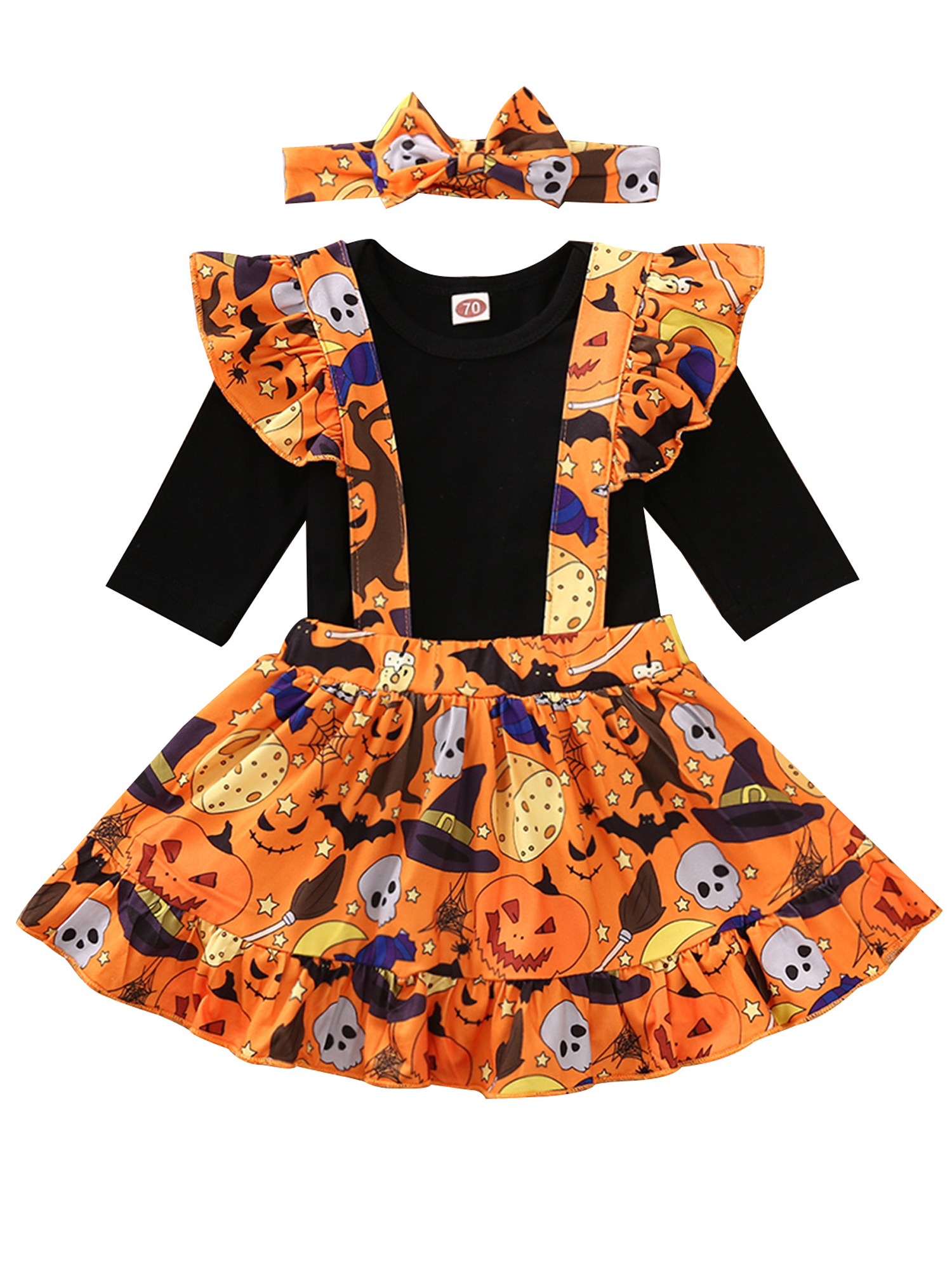 My First Halloween Toddler Baby Girl Outfit Romper Bodysuit Tops Pumpkin Print Suspender Strap Dress Headband Skirt Set