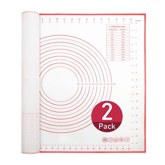 Tickjoy 2-Pack Non-Stick Silicone Baking Mats Set - 24"x20" 15"x11" Dough Rolling Mat with Measurement Guide, Kitchen Counter Mat for Bread Making, Cookie Baking, Pastry - Red