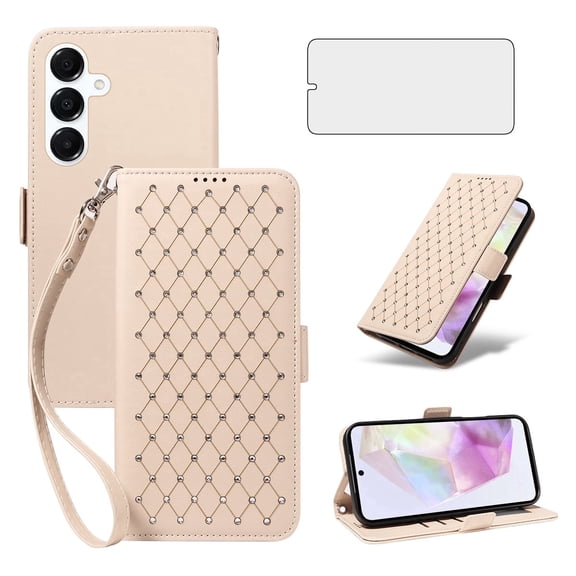 Asuwish Samsung Galaxy A35 5G Wallet Case, matte Leather Flip Cover with Wrist Strap, 3 Card Holder Slots, Kickstand & Shockproof – Beige