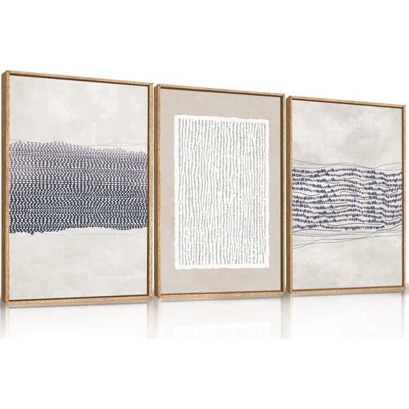 Blue White Abstract Neutral Framed Canvas Wall Art Set,Minimalist Boho Lines Wall Decor,Modern Neutral Art Print,Mid Century Blue Artwork for Living Room,Bedroom,Office- 16"x24"x3