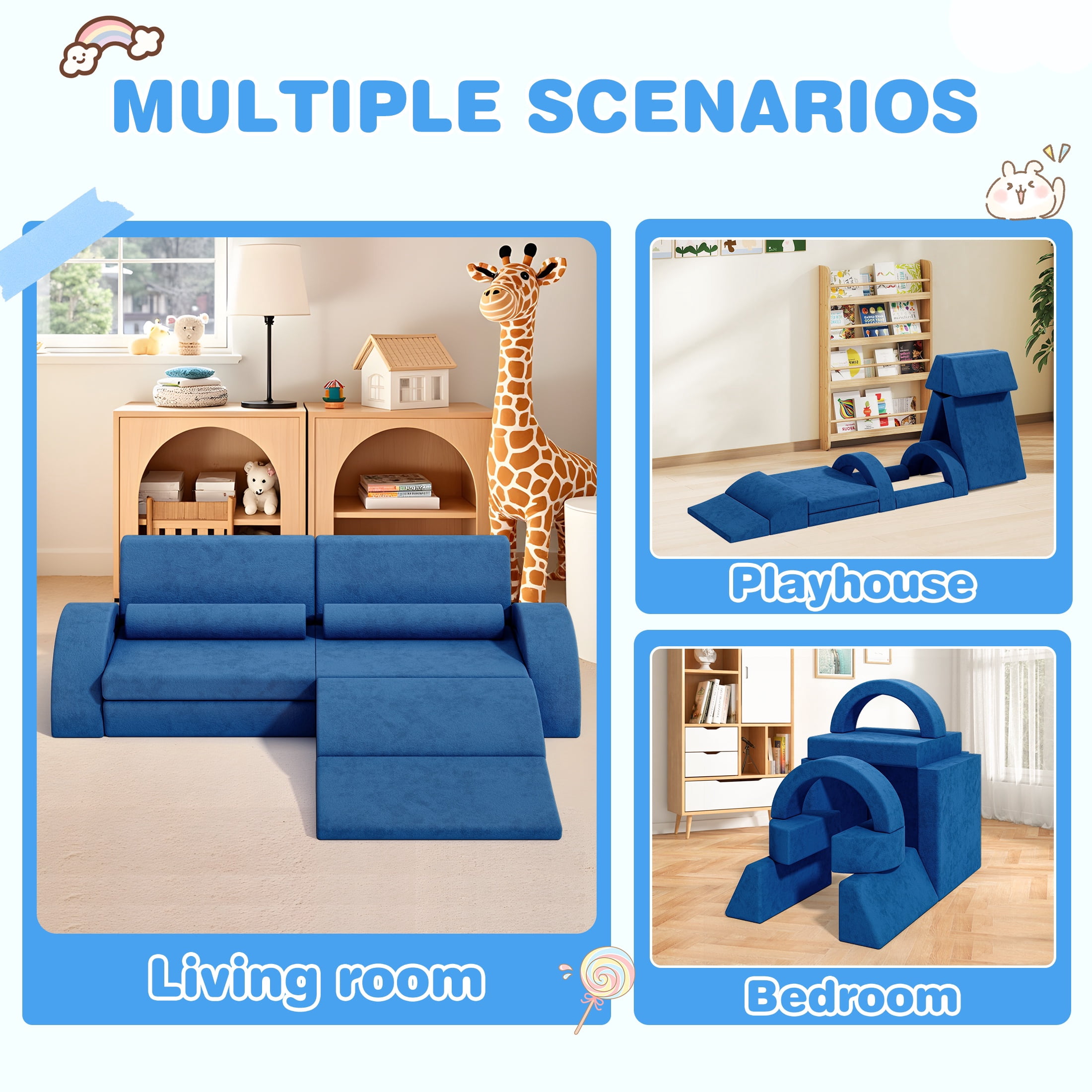 11PCS Modular Kids Play Couch, HSUNNS Fabric Kids' Sofa with Removable Cover, Convenient Storage, Indoor Foam Sofa Living Room Sectional Couch for Boys Girls 3-8, CPC Certification, Blue
