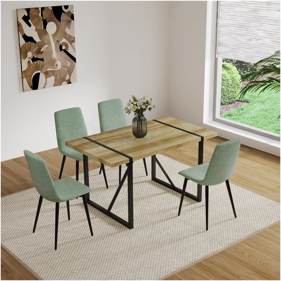 55 Inch Modern Dining Table Set with 4 Chairs, Mid Century Kitchen Table in Natural Wood, Metal Base Industrial Style Dining Room Furniture