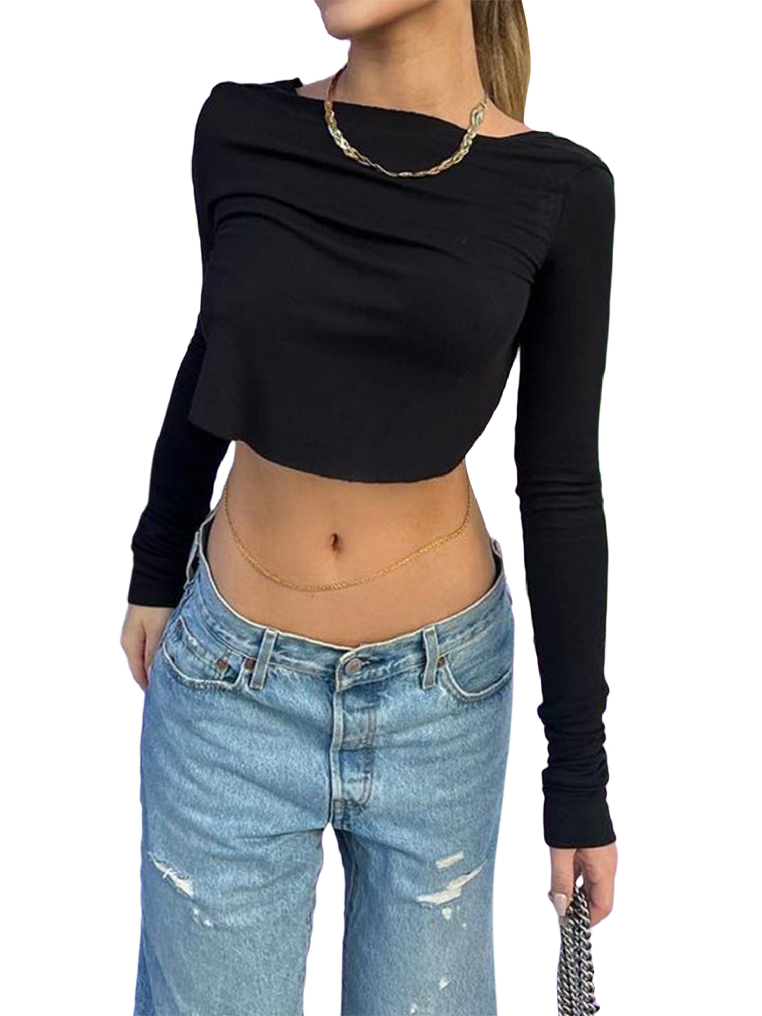 AMILIEe Women Backless Long Sleeve Crop Tops T-Shirt Open Back Crewneck  Casual Tops 