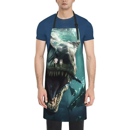 

Qekee Underwater Dinosaur Shark Print Waterproof Apron with Pockets Adjustable Cooking Aprons Kitchen Bib for Baking Household Cleaning