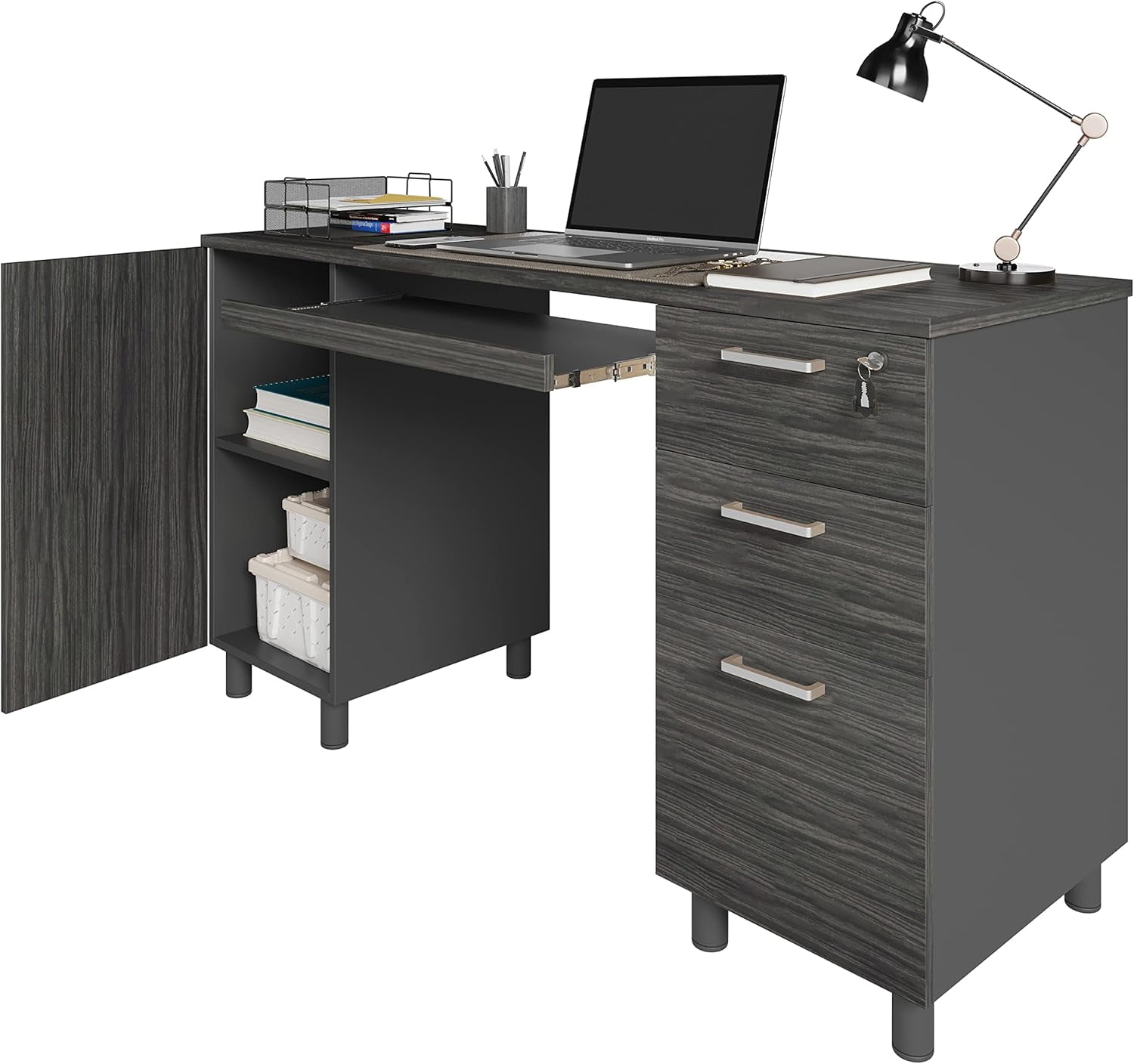 Modern Design by Crafts and Comfort Venice Computer Desk Great for Home Office Desk - 3 Drawers and CPU Storage Cabinet - Laptop Workstation with Keyboard Tray and Cable Hole - Grey / Black
