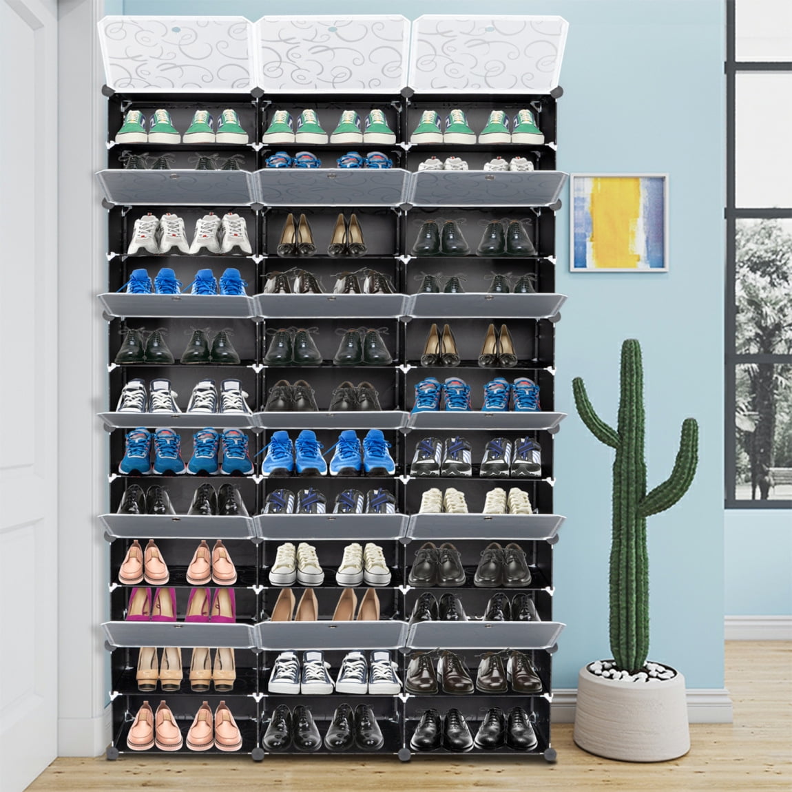 3 Rows 12 Tier Portable 72 Pair Shoe Rack Organizer with Covers - 36 Grids Metal Shoe Rack Large Capacity Storage Cabinet Expandable for Entryway /Bed Room/ Toy Storage, Flexible DIY Style, Black