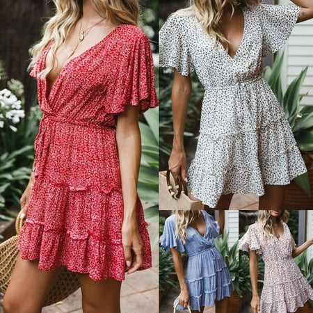 American Apparel Sun Dress Women Short Sleeve Boho Floral Mini Dress Cocktail Party Summer Sundress Beach Sun Dress Hoilday ()