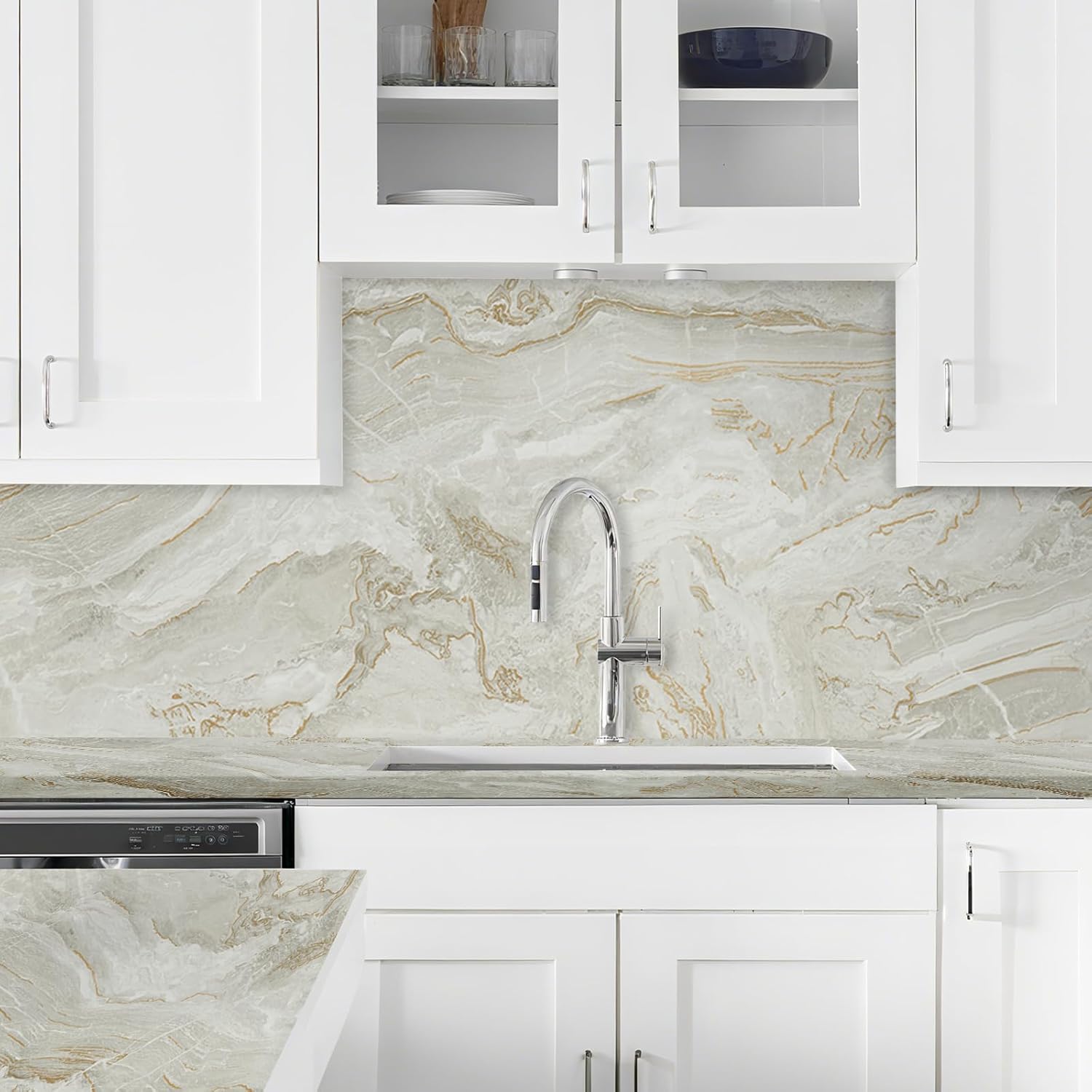 MaxxMarket Glossy Marble Contact Paper Peel and Stick Gray/Gold Wallpaper Vinyl Wrap Waterproof Wall Paper for Kitchen Countertop Cabinet Furniture 17.7" x 78.7"