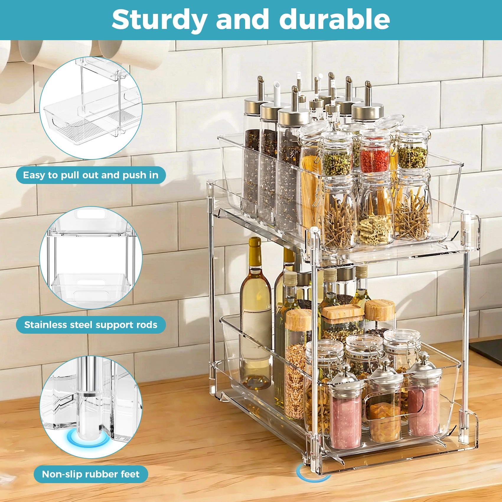 4 Pack Clear Pull Out Under Sink Organizer and Storage Bins, 2-Tier Sliding Cabinet Drawer Container for Kitchen, Bathroom and Pantry Organization