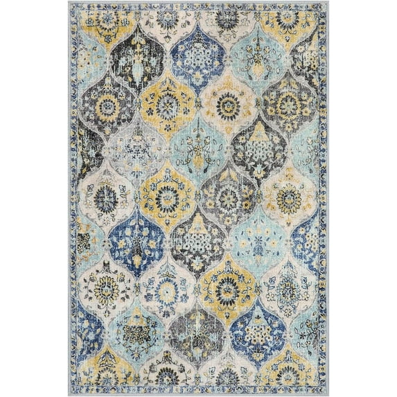 Moroccan Trellis Area Rug, 2x3 Entry Rug Non-Slip Washable Indoor Door Mat, Small Oriental Accent Throw Rug for Bedroom Kitchen Entryway Bathroom (Yellow/Aqua, 2x3ft)