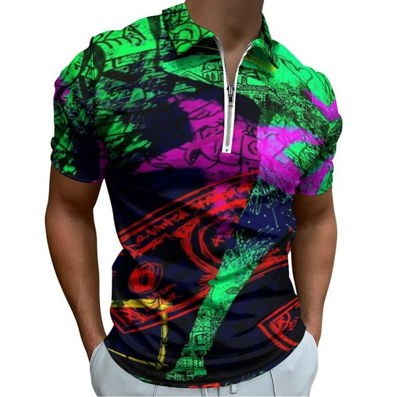 Neo Pop Art Blacklight Glow in The Dark Men Zipper T-shirt Summer Casual Short Sleeve T-shirt Top