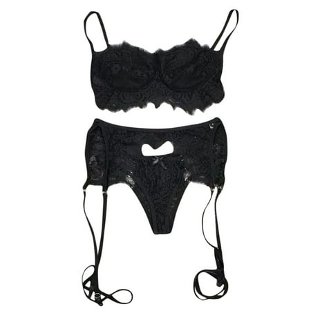 

MRULIC intimates for women 3Pc Women Lace Lingerie Straps Bra and Panty Garter Set Underwear Babydoll Black + XL