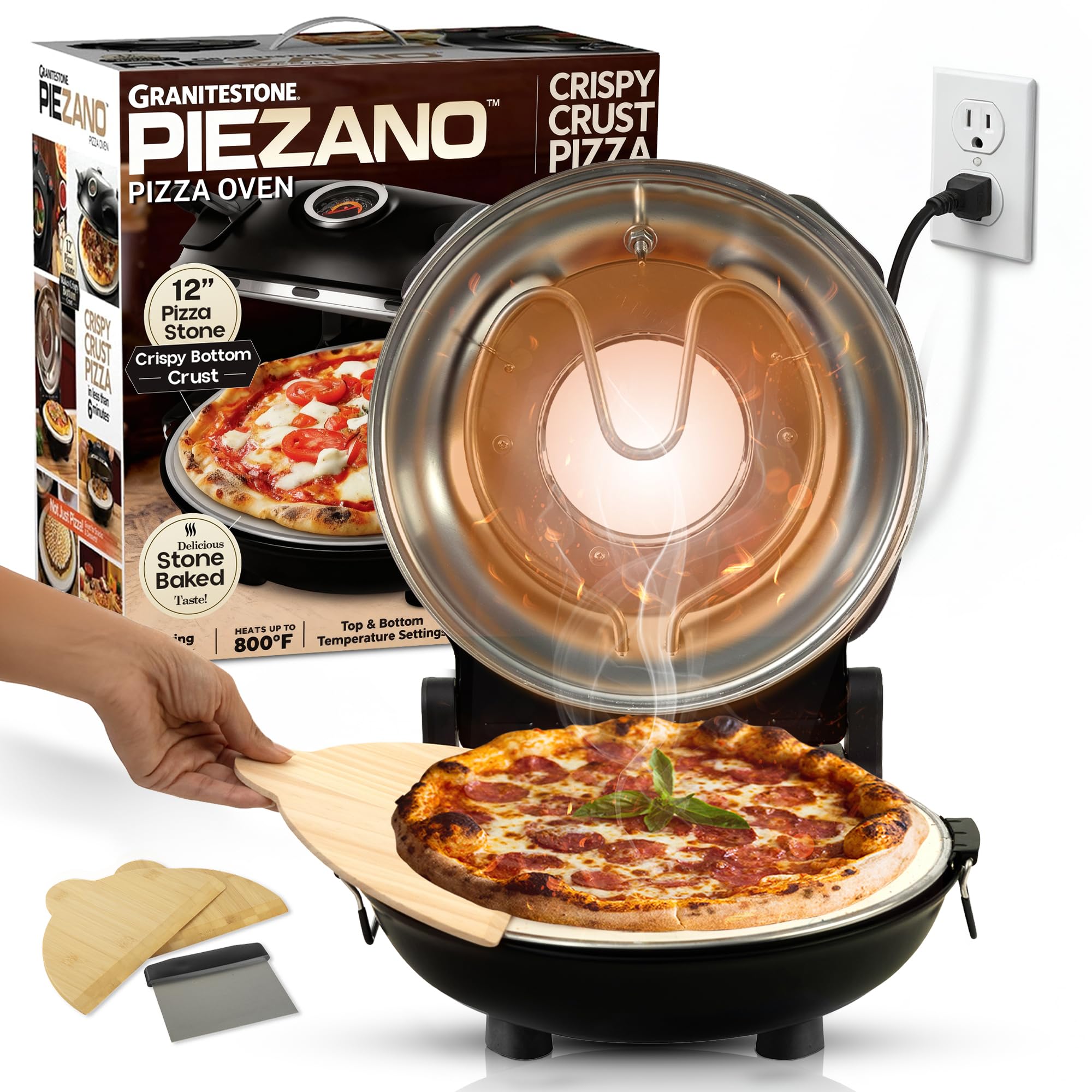 PIEZANO 12 Inch Electric Indoor Pizza Oven Heats 800˚F - Pizza Maker with Ceramic Stone for Crispy Crust Pizza, Cooks in Under 6 Minutes, Countertop, Dual Heat Control, Peels & Scraper Included Y101