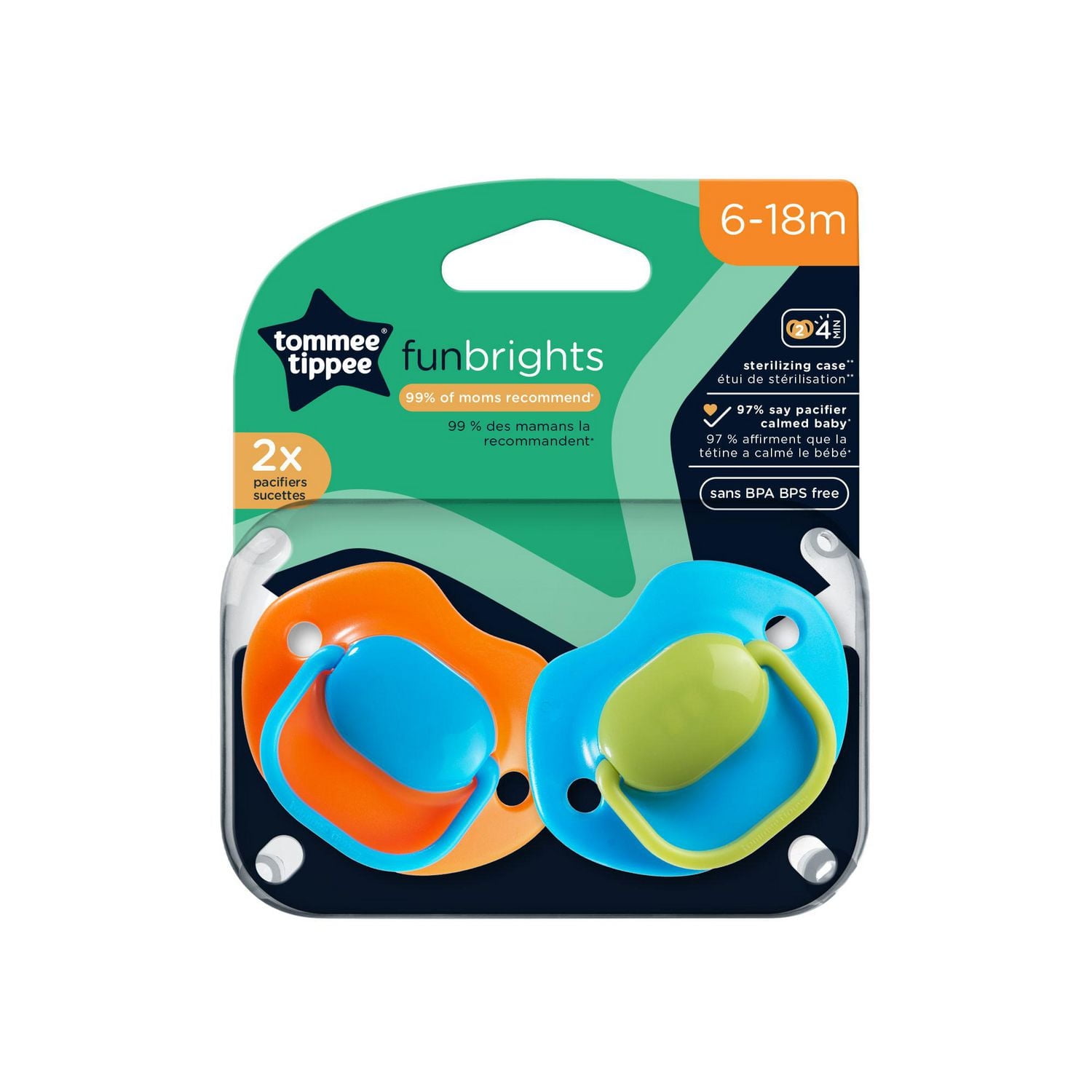 Tommee Tippee FunBrights Pacifiers, Symmetrical Design, BPA-Free Silicone Baglet, Includes Sterilizer Box, 6-18m, 2-Count