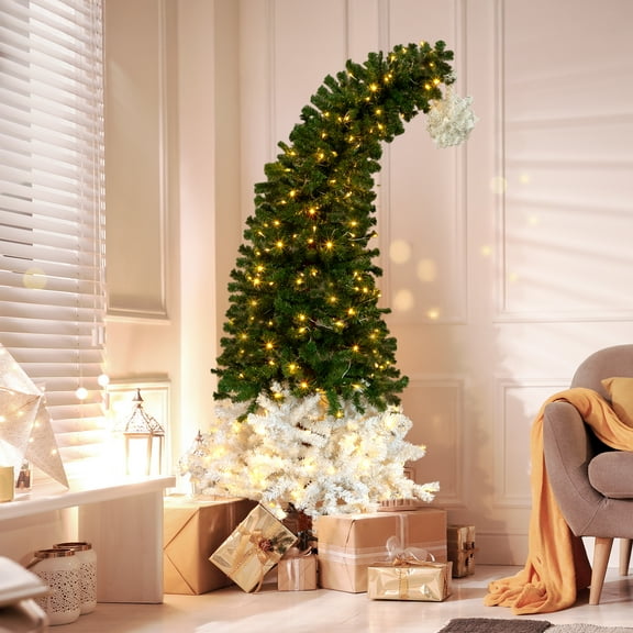 UBesGoo 6ft Santa Hat Christmas Tree, Pre-Lit Hinged Artificial Pine with Warm White Lights, Green White Decor