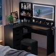 thumbnail image 2 of Furmax L Shaped Vanity Desk Set Corner Makeup Vanity Set with Adjustable LED Lighted Mirror & Power Outlets Dressing Table with Organizers, and Cushioned Stool, Black, 2 of 7