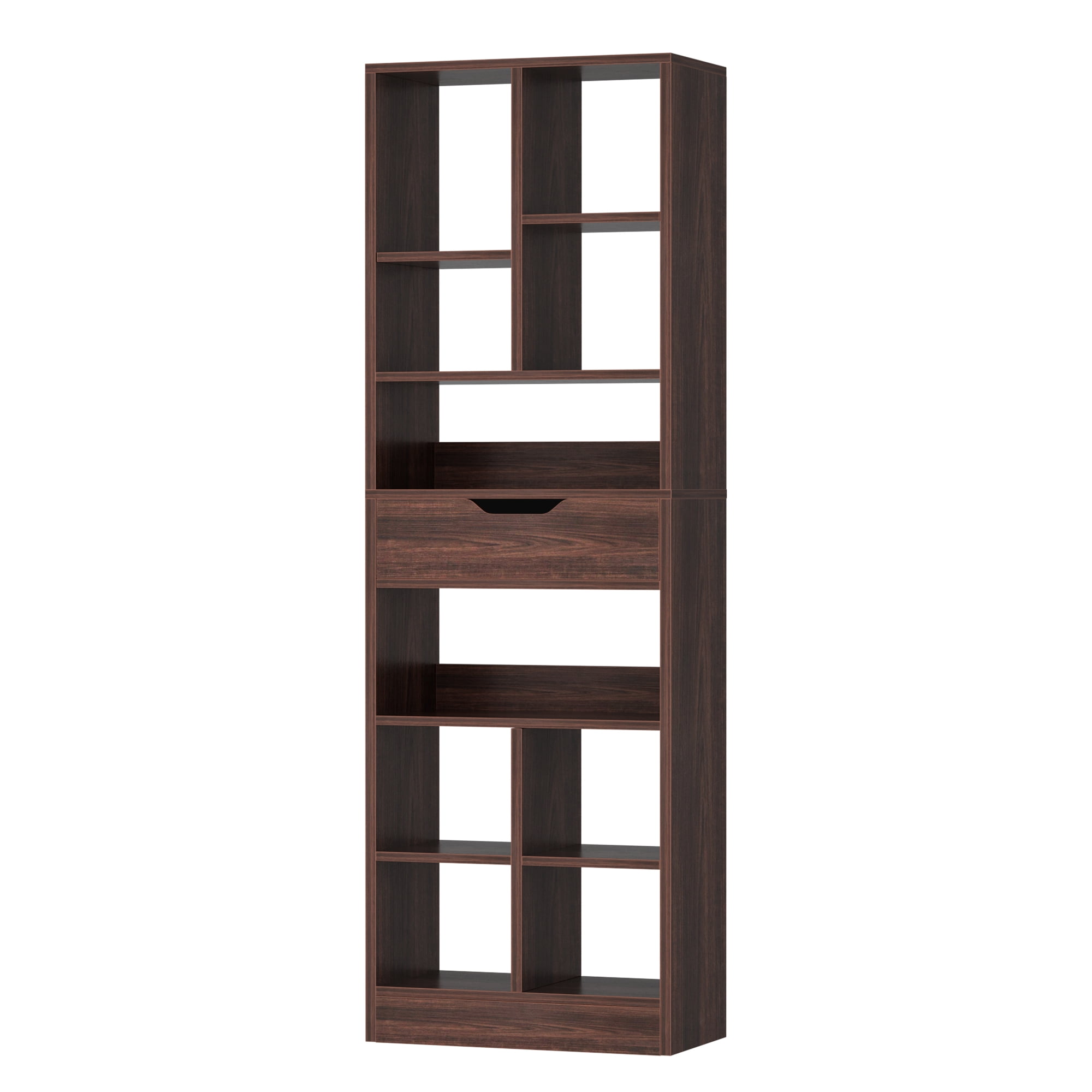 Homieasy 73.6''Tall 10-Cube Bookcase with Drawer and Adjustable Shelves, Wooden Bookshelf for Living Room, Walnut