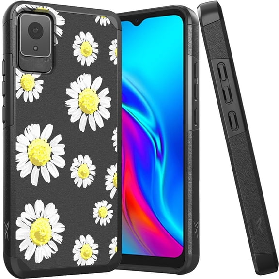 For TCL K11 Tough Strong MetKase Hybrid (Magnet Mount Friendly)   Tempered Glass Case Cover - Chamomile Flowers