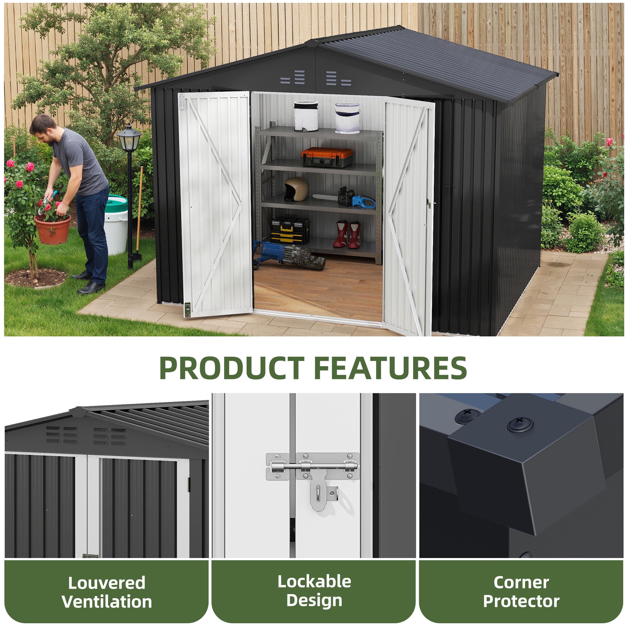 Uforic 7x5ft Metal Outdoor Storage Shed, Waterproof Heavy Duty Storage Unit with Lockable Door & Ventilation, Outdoor Tool Shed for Bike, Lawn Mower, Garden Tools, Backyard Patio Lawn Use, Black