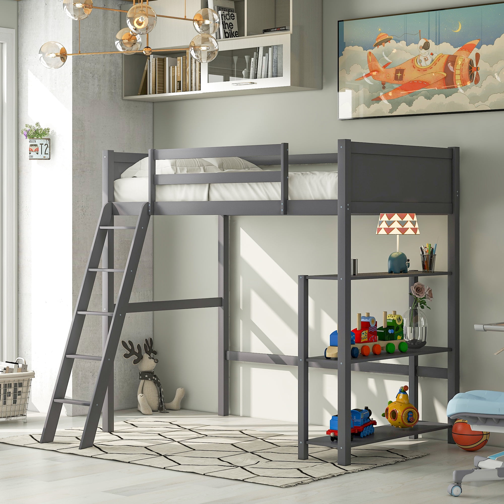 Twin Size Loft Storage Bed Frame For Kids Teens Girls Boys With Storage Shelves 