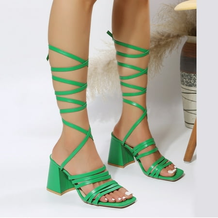 

Cathalem Womens Summer Sandals Size 8 Ladies Fashion Solid Color Leather Square Head Ankle Strap Open Toe Thick High Heel Sandals Sandal Green 7