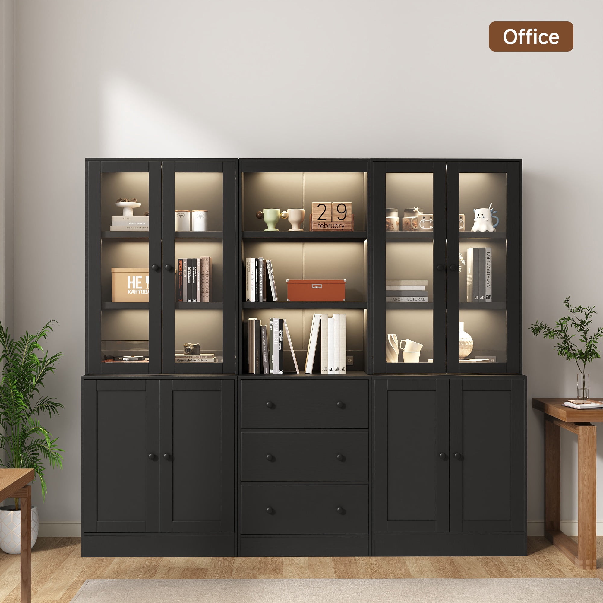 IDEALSOUL 3PCS 71" Tall Bookcase with Doors, Black Combination Bookcase with Charging Station and LED Light, Freestanding Display Cabinet with Large Storage Space for Living Room, Office, Bedroom