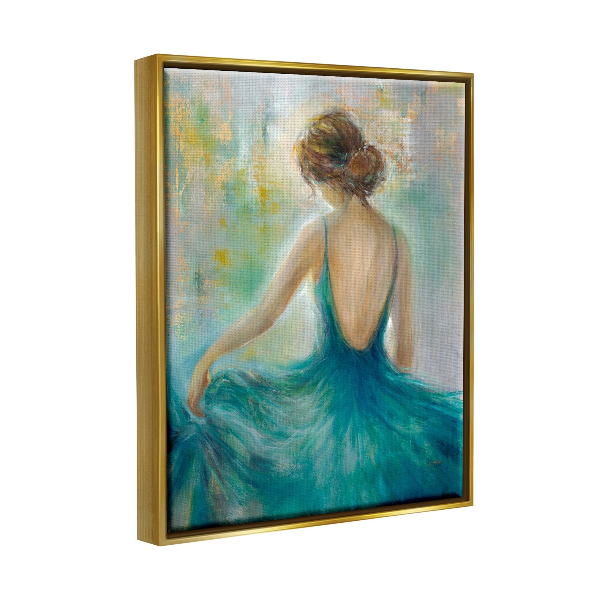 Stupell Industries Woman Green Dress Painting Beauty & Fashion Painting Gold Floater Framed Art Print Wall Art