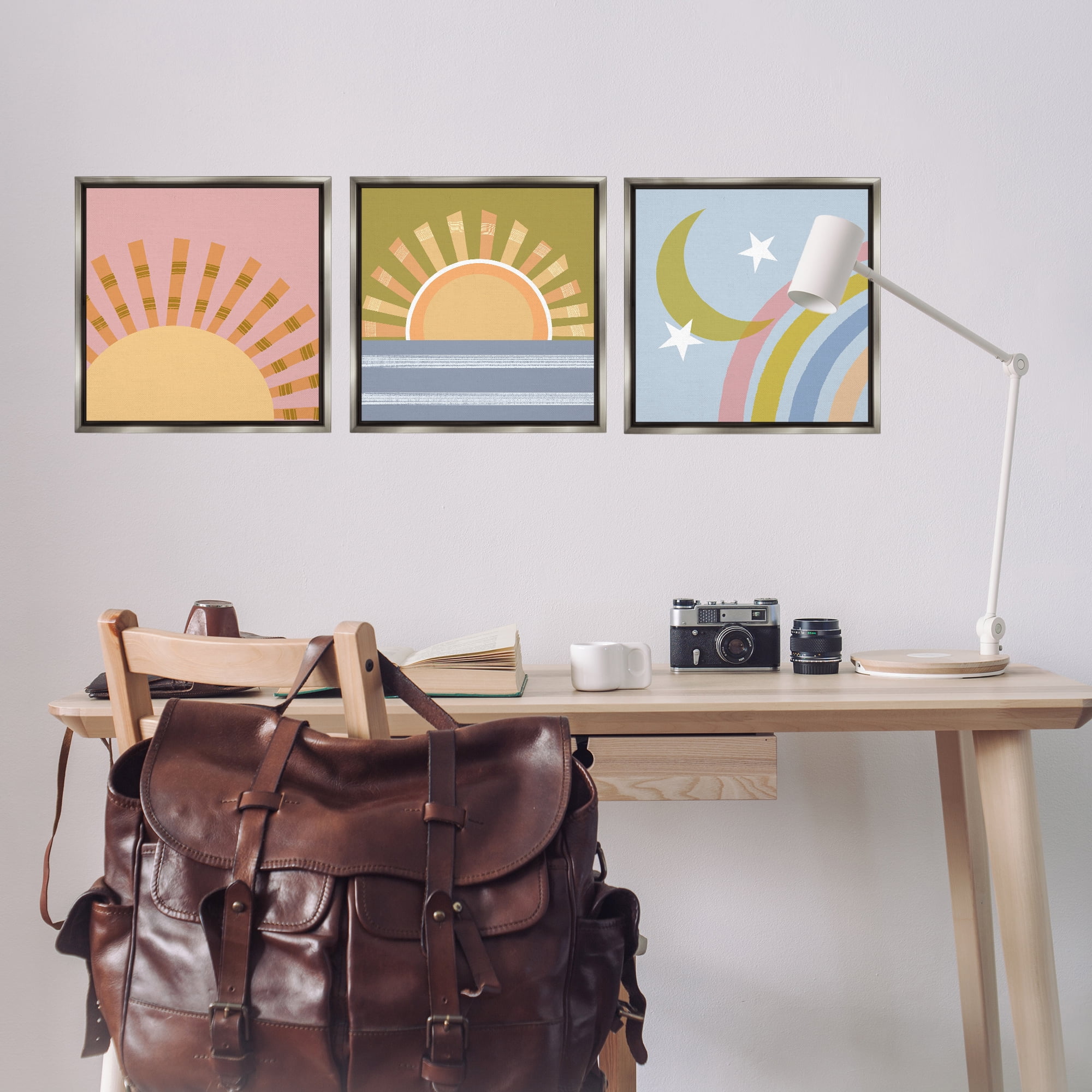 Stupell Industries Rising Sun & Moon Landscape & Nature Painting Gray Floater Framed Canvas Art Print Wall Art, 18 x 18, Set of 3