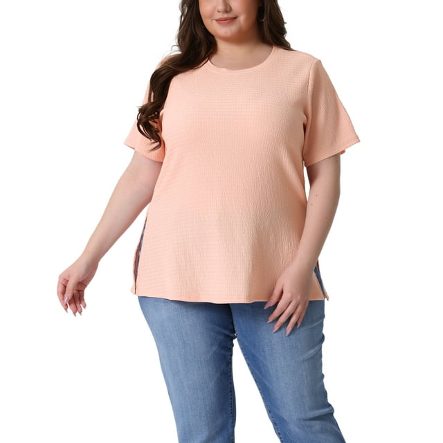 Blusas de mujer de talla grande para Pascua Agnes Orinda, con textura, cuello redondo, manga corta, camiseta casual, túnica 1X color rosa claro