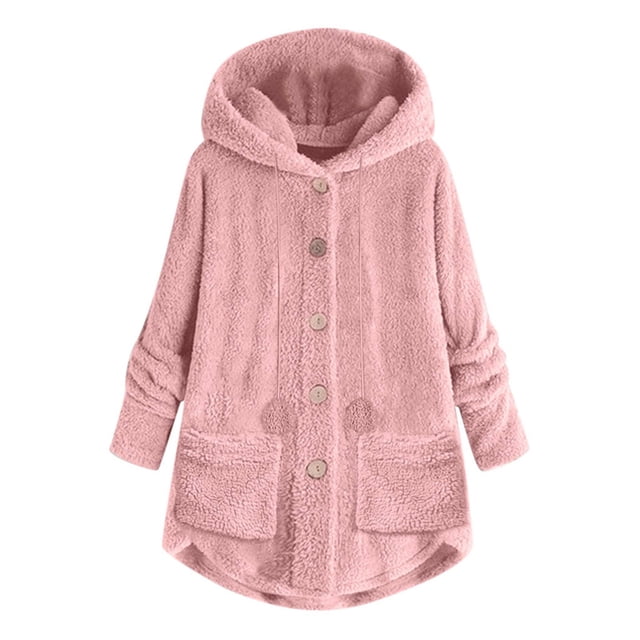 UKLSQMA Women Plus Size Button-Up Tops,Hooded Loose Cardigan Wool Coat,Winter Jacket for Comfort and Style