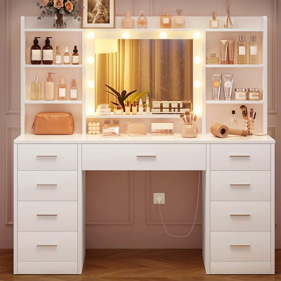 Makeup Vanity Set with Mirror, Vanity Desk with 11 Drawers and Charging Station, Vanity Desk for Girls, for Bedroom, White