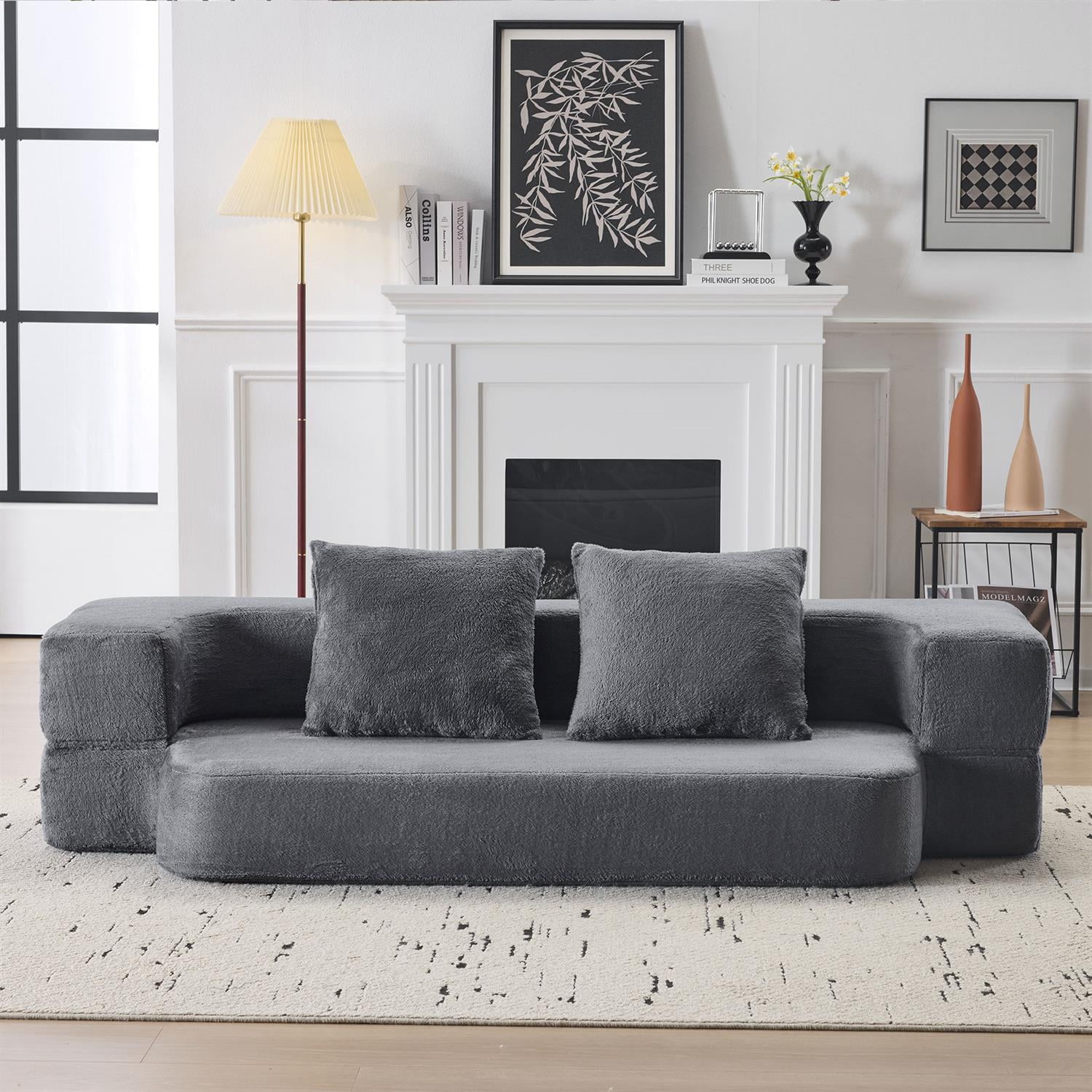 Demi Bonn Versatile 3-in-1 Sectional Sofa with Ottomans, Cozy Foam Fold-Out Bed, Space-Saving Chenille Lounger for Small Apartments & Home Offices, Gray