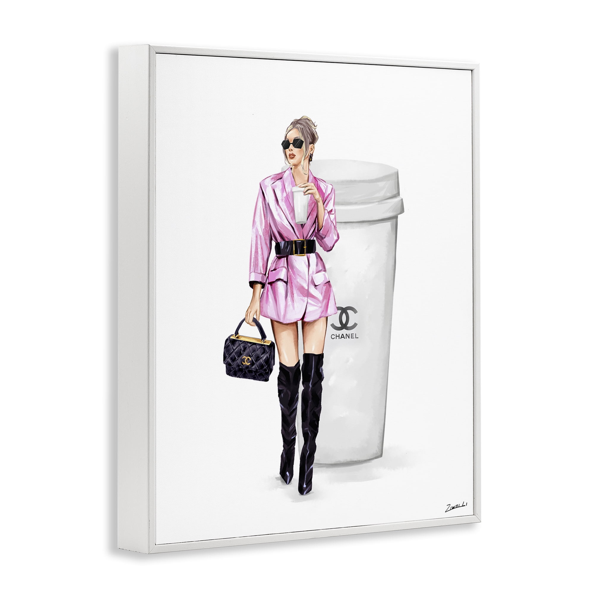 Stupell Industries Trendy Girl with Coffee Novelty Painting White Framed Art Print Wall Art, 24 x 30