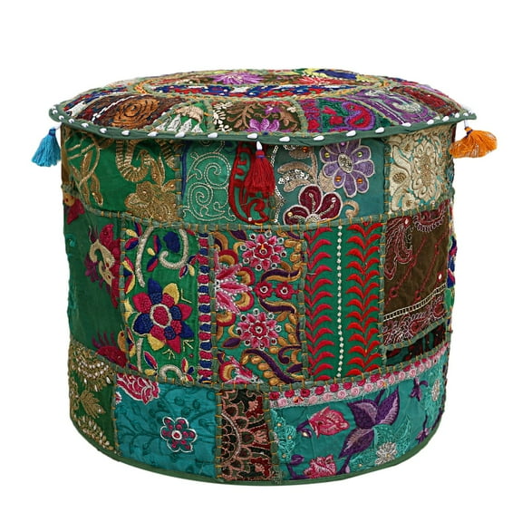 DK Homewares Indian Vintage Patchwork Pouf Ottoman Cover Dark Green Round Footstool Home Decor Cotton Embroidered Pouf Chair Seat Floral Traditional 16x16x13 Inch - COVER ONLY