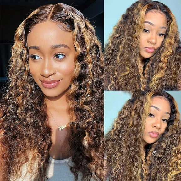 Dengmore 24 Inch Brown Curly Wig Deep Wave Curly Hair Wigs 360 Lace Front Wigs Human Hair 13x6 HD Lace Frontal Wigs Middle Part Water Wave Lace Closure Wig for Women