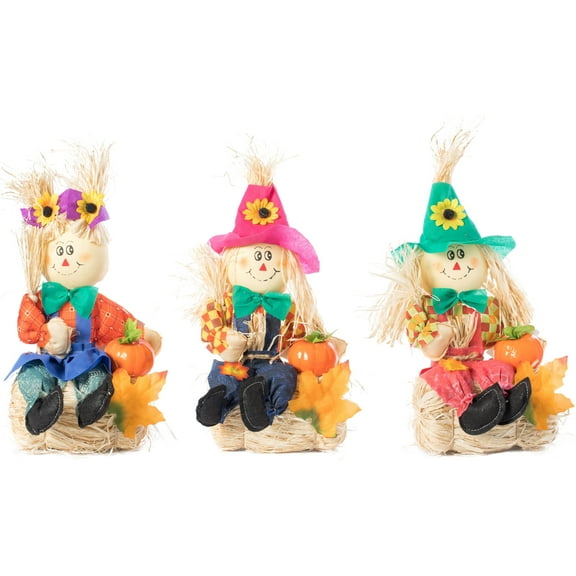 Gardenised 13 Inch Adorable Trio Yard Decor Featuring Outdoor Garden Scarecrows Relaxing Gracefully on Rustic Hay Bales. Perfect for Adding a Touch of Countryside Charm to your Outdoor Space