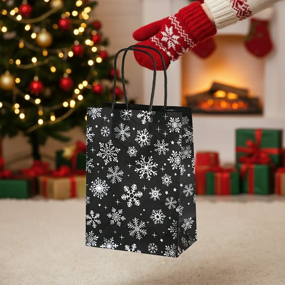12 Pcs Christmas Kraft Paper Bag Bronzing Gift Bags Silver Foil Black Gift Treat Goodie Bag with Handle for Holiday New Year Party Packaging Decor