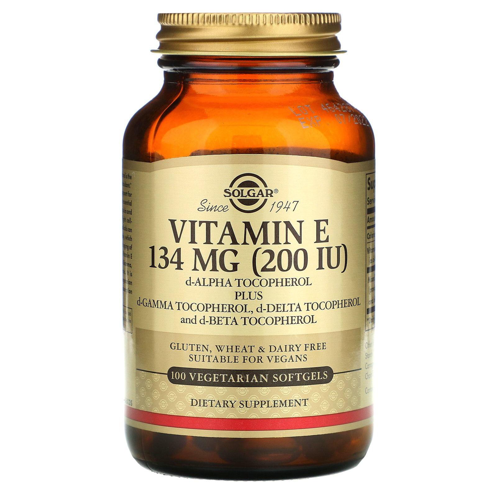 Vitamin E, 134 mg (200 IU), 100 Vegetarian Softgels, Solgar