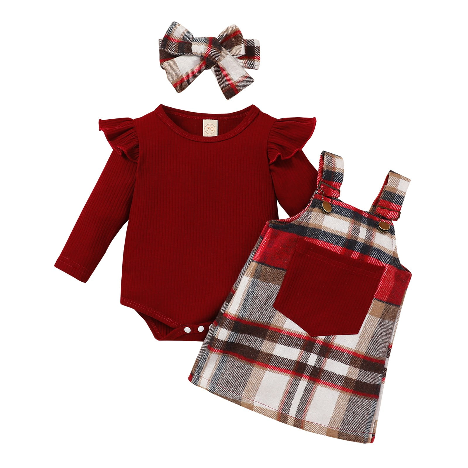 URMAGIC Infant Baby Girl Clothes Ruffled Long Sleeve Top Rompers Plaid Halter Dress Headband Newborn 3Pcs Fall Winter Outfits