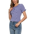 thumbnail image 4 of INSPIRE CHICGingham Plaid Blouse for Woman's Peasant Round Neck Ruffles Puff Sleeve Top XS Dark Blue, 4 of 6