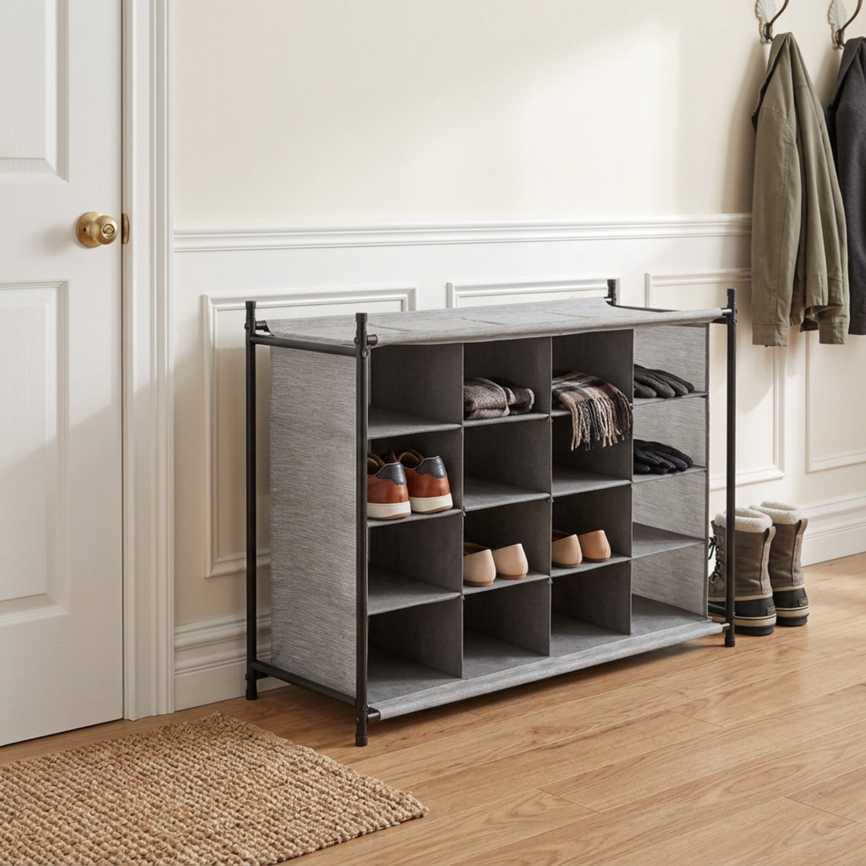 Whitmor 4-Tier Fabric Shoe Rack, Space-Saving Storage Cubbies, 16-Cubbies, Gray & Black