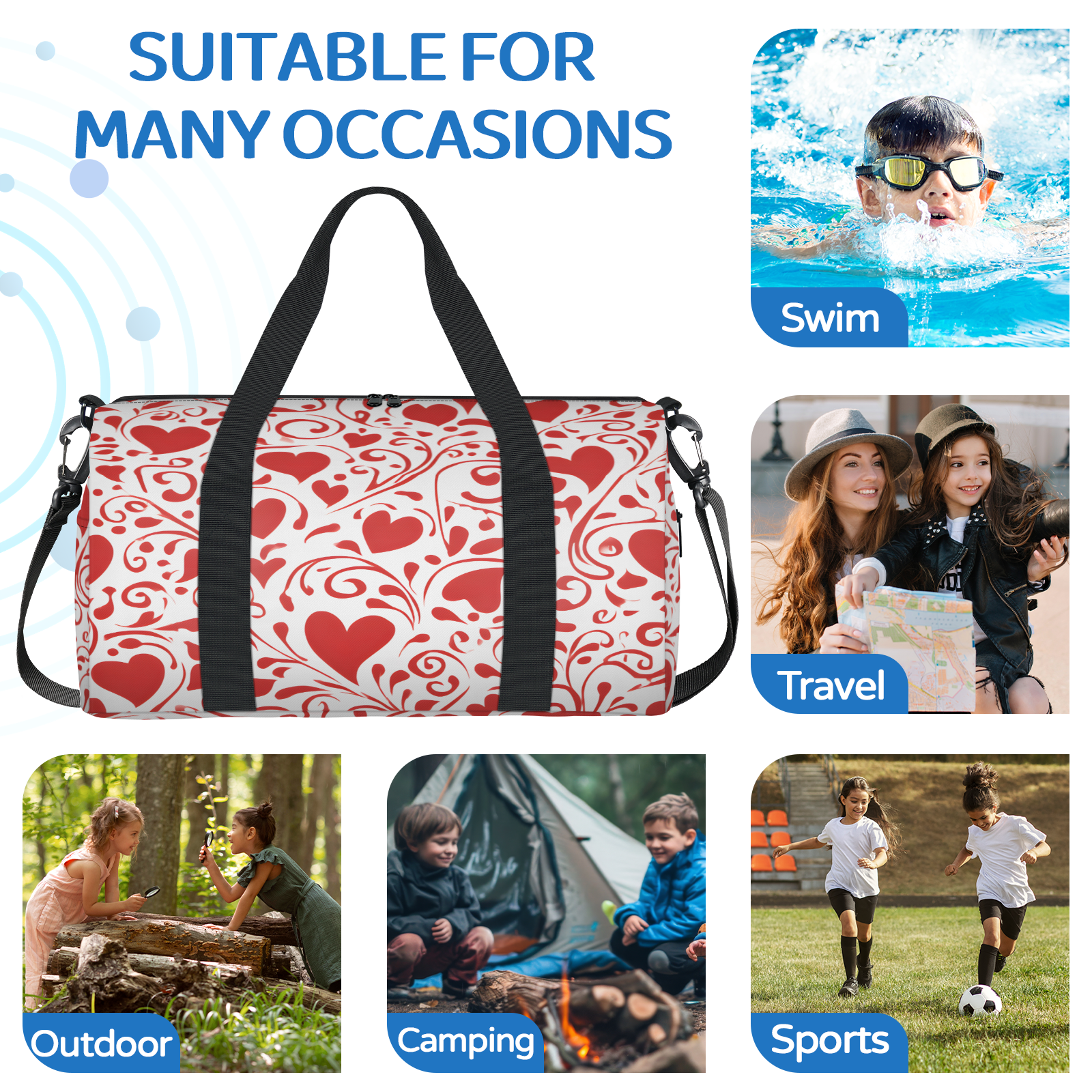 Herdesigns Red Love Gym Bag for Women, Duffle Bag for Travel Sport, Valentine's Day Lightweight Waterproof Carry on Weekender Dance Yoga Workout Bags