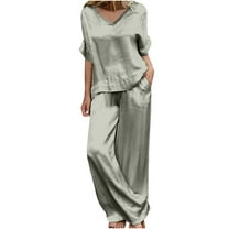 EINCcm Women's Satin 2 Piece Outfits Lounge Sets Casual Loose Short Sleeve Tops and Wide Leg Satin Pants Sets