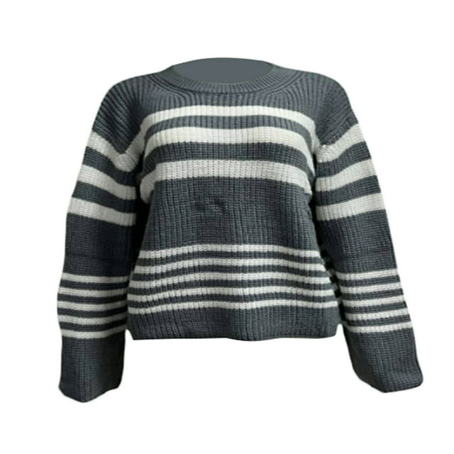 Women‘s Fall Loose Knit Tops Stripe Print Long Sleeve Sweaters