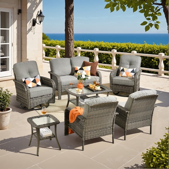 XIZZI 7 Pieces All Weather Outdoor Patio Furniture Sectional Set with Swivel Rocking Chair and Coffer Table, Wicker Outdoor Conversation Sofa Set for Backyard, Porch, Garden-Grey